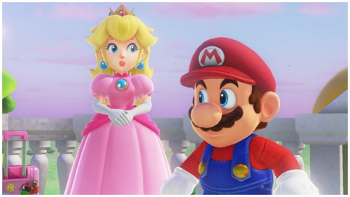 Mario and Peach in the Mushroom and Seaside Kingdoms.