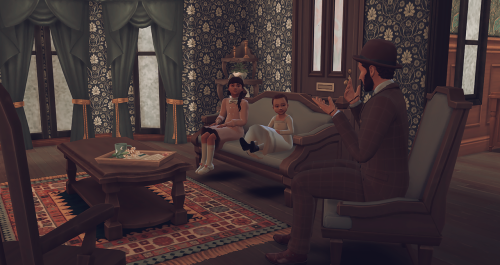Various gameplay pics: Gabe sitting on Mama’s rocking chair while she knits; Dad telling Sarah and G
