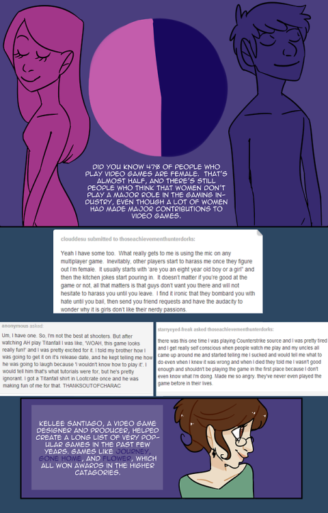 mermaidmagicart:  Finally it’s finished. A really quick informational comic about women in games for my Sociology final. So yeah there’s a lotta stuff here. UuU 