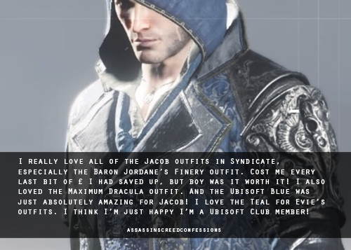 Assassin's Creed Confessions — I really love all of the Jacob outfits in...