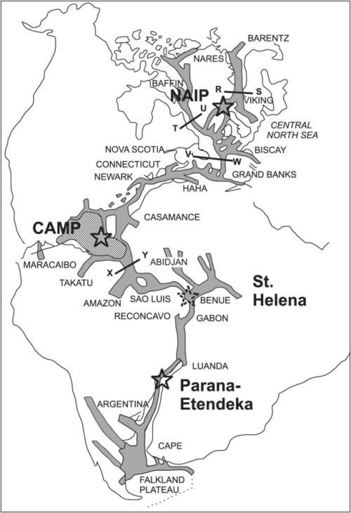 earthstory:Hotspots and the opening of the AtlanticThis figure shows the location of 4 “hotspots” th