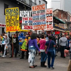 There are hundreds of angry #Christians waging spiritual warfare on #bourbonstreet&hellip; wow! #notwhatjesuswoulddo Seen them doing and saying some hateful shit. Must be a good party if they feel the need to protest it. #mardigras #MardiGras2015