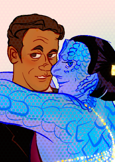 A closeup of Garak and Bashir's faces, which are very close together.