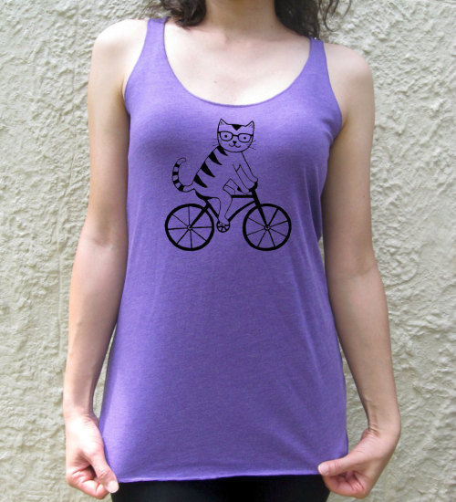cat-clothes-meow: Cat riding bike bicycle women screen print tank top nerd glasses kitty cat clothes