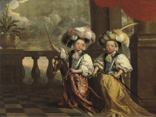 Portrait of Two Boys Dressed as Cavaliers by Johanna Vergouwen,1688