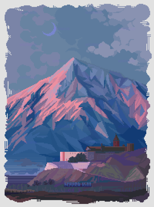 Pixel Art Illustration of bright blue-pink looking mountain that looks bulky and huge; pink colors suggest the sunset happening somewhere outside this canvas. In front of mountain stand a big castle-structure that placed on the higher ground. In front of that structure are brown-golden-green tones suggesting some kind of field happening. All illustration hugged with a fringe-looking frame giving it a retro old-postcards feel.