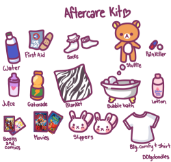 ddlgdoodles:  s0wingseas0n:  dantes-workshop:  spiderwebcity:ddlgdoodles:  Aftercare is extremely important after intense scenes, whether it be impact play, really rough sex, and so on. These are just a few items that can be included in an aftercare kit.