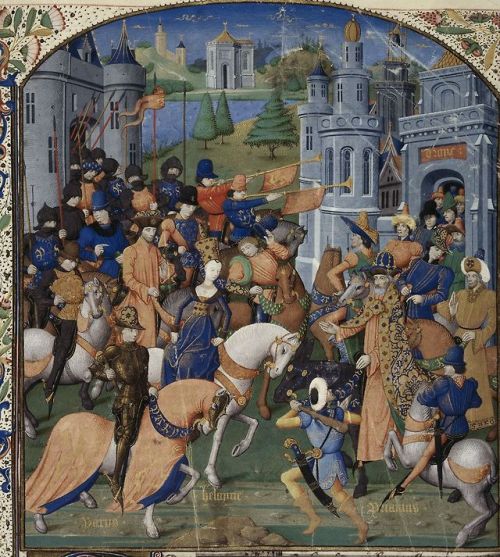 Paris and Helen before Priam.  Miniature by the Master of the Échevinage of Rouen, 2nd half of 15th 