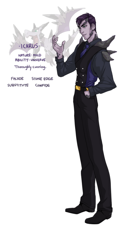 a new gijinka! this is icarus, a rich and powerful CEO who flew too close to the sun in terms of see