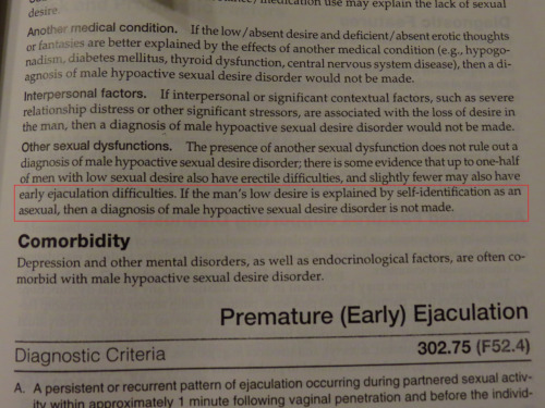 redbeardace: Asexuality is OFFICIALLY not a disorder, according to the APA. The images above are from the DSM-5, which is the latest edition of the American Psychiatric Association’s Diagnostic and Statistical Manual of Mental Disorders.  The DSM-5