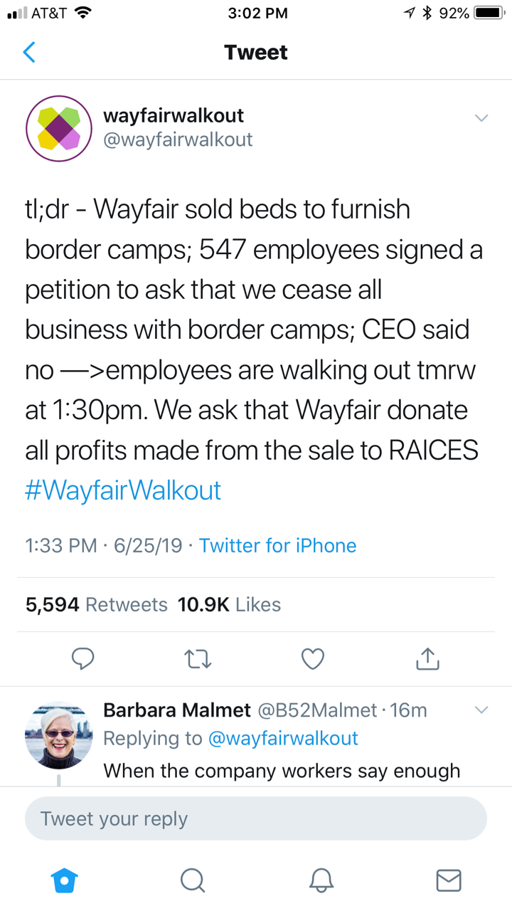 drag-tween:  cenobitic-anchorite:  Hey so Wayfair is profiting off the concentration camps along the US border and refusing their employee requests to stop.  Rep. AOC is amplifying this on Twitter today, Jun 25 ‘19.  @reallygooddirectmail