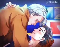 semehere: They are so in love. Look how tender and loving and intimate their expressions are. Look at how yuuri is tilting his head. And as i was drawing the scene i noticed victor’s hand cushioning yuuri’s head as they fall and i just….. cannot