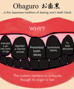 nannaia:  Fashion of Black Teeth in Old Japan A Yedo chemist’s recipe for black teeth dye from Tales of Old Japan by A.B. Mitford (1871): “Take three pints of water, and, having warmed it, add half a teacupful of wine. Put into this mixture a quantity