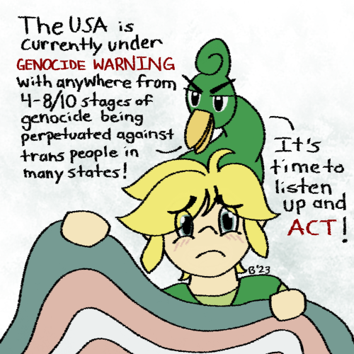 digital art of a sad minish cap link holding up a trans flag. ezlo is on his head and says, "The USA is currently under Genocide Warning with anywhere from 4 to 8 out of 10 stages of genocide being perpetuated against trans people in many states. It's time to listen up and act!" end ID.