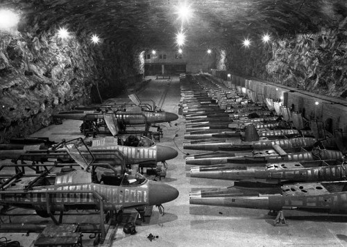 Partially-completedHeinkel He-162 fighter jets on the assembly line in the undergroundJunkers factor