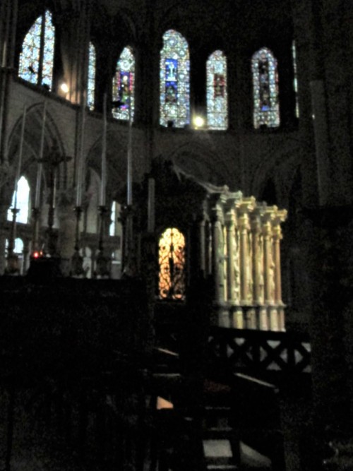 The Basilica of Saint-Remi, Reims, with most of the lights off on a rainy day.  Not great for taking