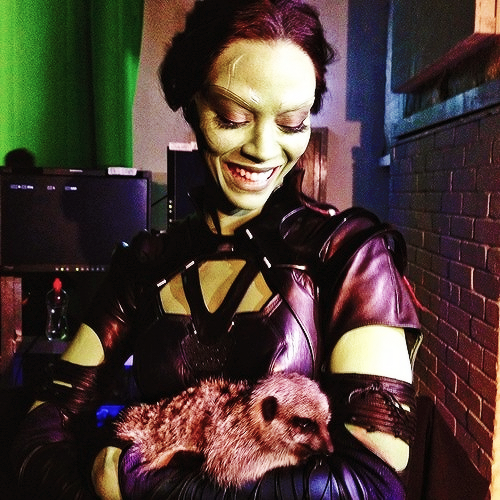 Zoe Saldana behind the scenes of Guardians of the Galaxy with a meerkat