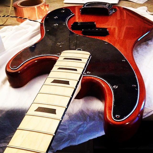 foundryguitars:  Assembly is underway on this Jbass/Pbass hybrid. Finished in a seasonal