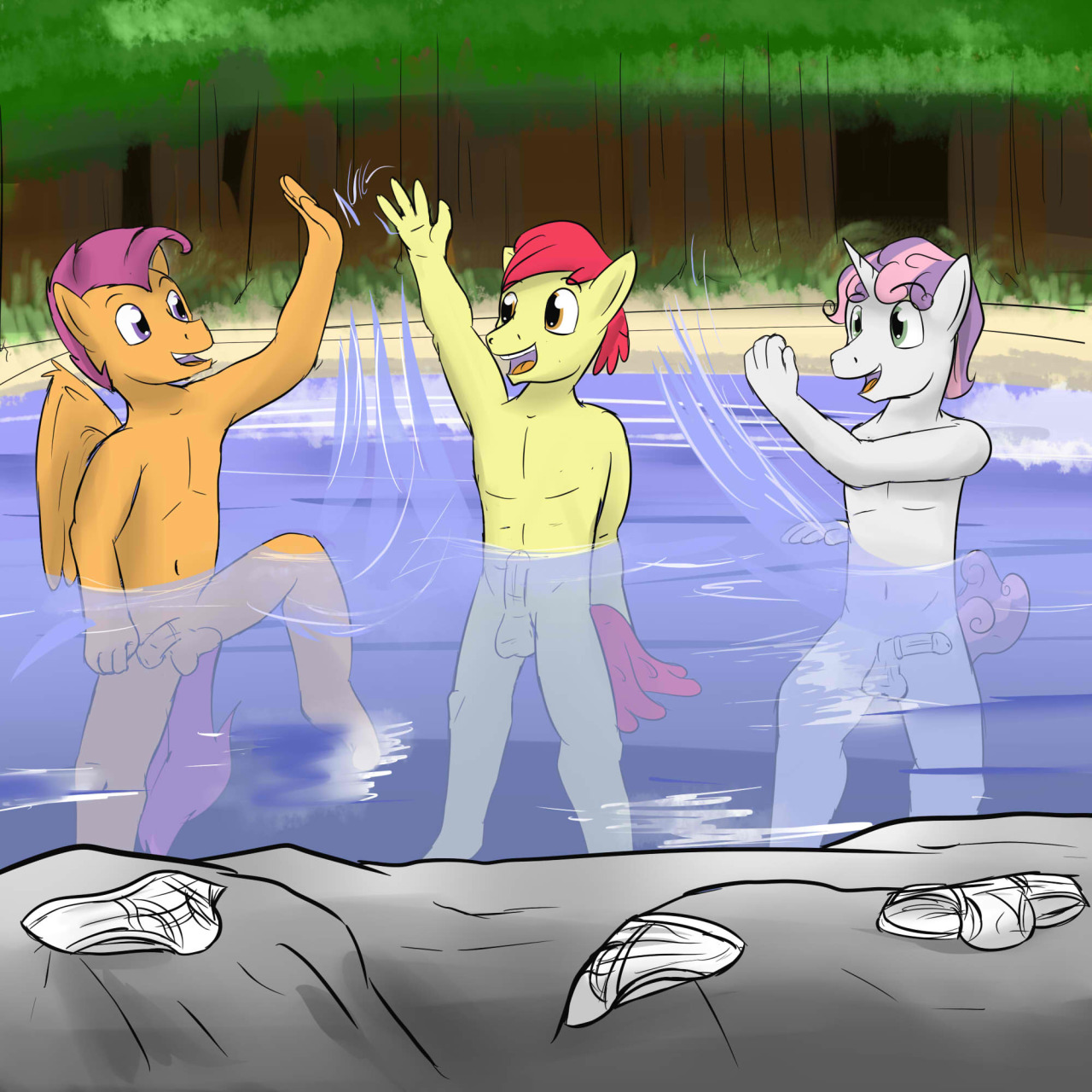 After a day of unsuccessful cutie mark schemes, the CMC colts like to go skinny dipping