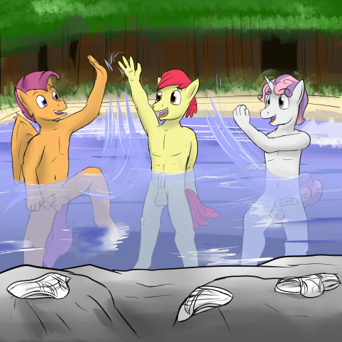 After a day of unsuccessful cutie mark schemes, the CMC colts like to go skinny dipping out in a secluded stream in the white tail woods.