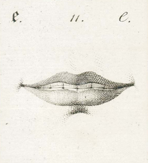 Position of the lips, education manual, 19th century. Lehrbuch über die in jeder Sprache anwendbare 