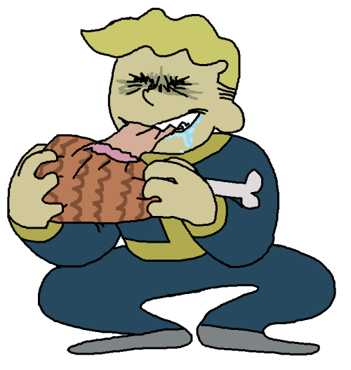 ginghamcheckers:[ID: Vault Boy ravenously eating a cartoonish ham. He is crouched into frame, clutch