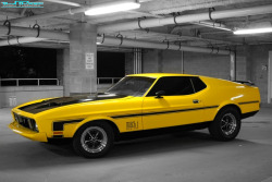 radracerblog:  73′ Ford Mustang Mach 1  Beautiful. I have a ‘72. It’s dark green with silver stripes 