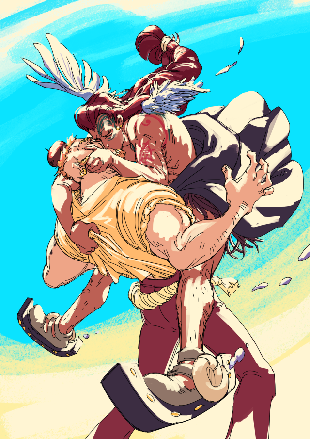 Fanart of Wyper & Cricket from One Piece. Wyper is a young man with brown skin & long maroon hair tied back into a braid with an over-shaved widow's peak. He wears a skirt made of dried grass & has removed his arms from the sleeves of his long navy coat so it collects at his waist. His moccassins have metal skates attached to them. He has abstract tattoos on his left arm & the side of his face/head and white wings which are too small to fly, though they are outstretched, his left wing seeming smaller, damaged. He is colliding onto Cricket to kiss him with great force, grabbing his cheek with one and the back of his shirt with the other strongly enough to untuck it from Cricket's trousers. Cricket is a very large and broad man with girthy arms and a chestnut shape emerging from the strawberry blond hair on his head, and his arms are stuck outstretched as if in surprise, but ready to close around Wyper. The scene is warmly toned, washed out by sunlight, against a vaguely beachy backdrop.