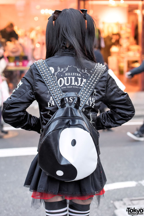 18-year-old Mel on the street in Harajuku with twintails, a KillStar jacket, striped socks, No Fall 