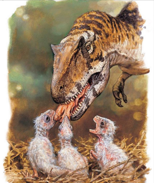 rubysunstone:jamesgurneyart, June 8 2020.Did Allosaurs have tiger-like coloration? Did they feed hat