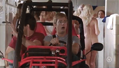 girlsinshowers:  gifs of Bo and Duke ride their buggy though the girls locker room