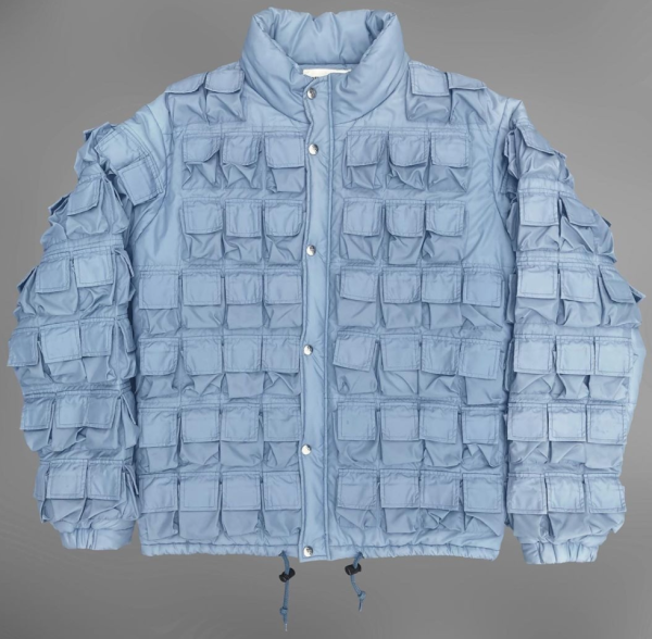 a light blue jacket made entirely of pockets with over 80 visible on the front