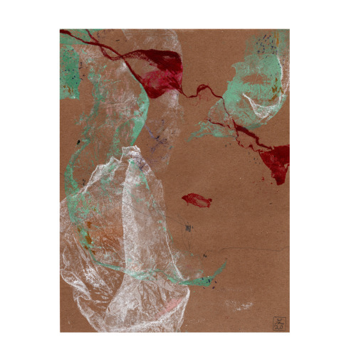 Oritur No. I
Experimentelle Druckgrafik
Tinte, Netz-, Folien- und Pflanzenabdruck und Pastellkreide auf Papier
21 x 27 cm
2020