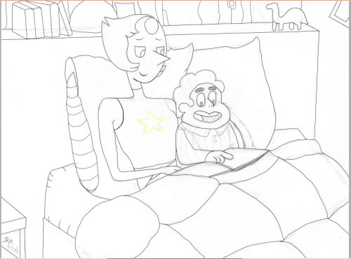 roquereptil:  progress for story time this a birthday present for @pearl-likes-pi the line art i made it on 5/20/16, but right after that the finals weeks started so… yeah just now i had the chance to actually work on it!  i love how pearl ended, steven