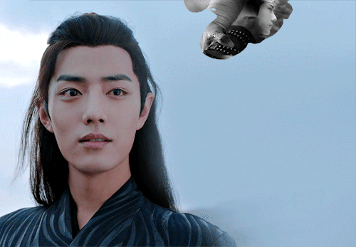 mylastbraincql:[ID: Two gifs. The top gif is of Lan Wangji from The Untamed against a pale blue back