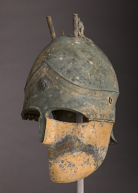 armthearmour:Bronze Cuirass, Helmet, and Greaves, decorated with remnants of silver, Etruscan, ca. l
