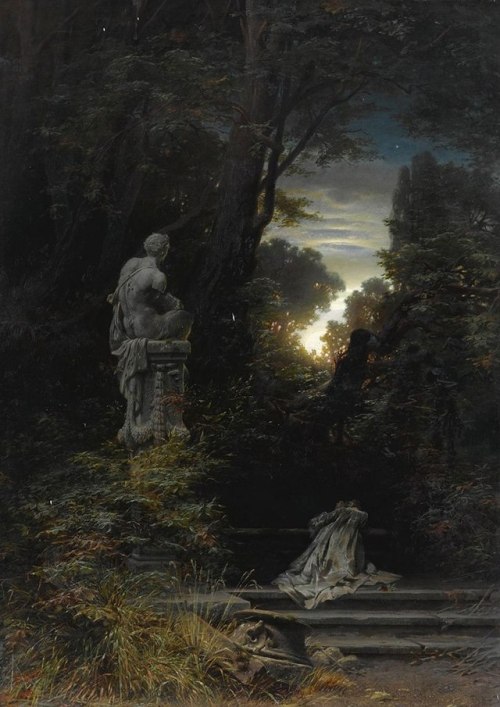 dadalux:Ferdinand Knab (German, 1834-1902), “A Woman at the Fountain with Rising Moon” (1866) Oil on