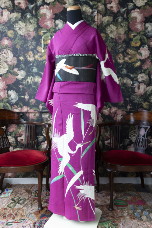 Sagi (heron) themed antique kimono outfit, pairing a refined murasaki shikibu(reddish purple) houmon