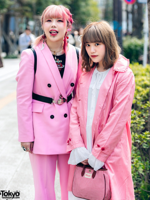 18-year-old Japanese fashion students Natsumi and Moka wearing pink styles on the street in Tokyo. N