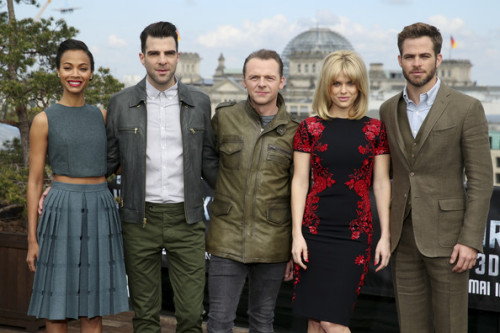 hurt-spock: startrek-beyond: Star trek into darkness photocall Berlin // April 28th 2013 I feel like the cast sent a memo about a colour theme and feel to this photocall and they forgot to let Alice Eve know- although she still looks stunning!  