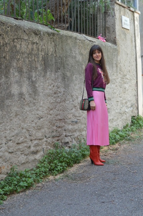 Jeanne from Fashionmusingsdiary: Cat Sweatshirt Bubble Gum Pink Pleated Skirt and Red Marant Boots