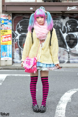 tokyo-fashion:  19-year-old Colomo on the street in Harajuku with anime-inspired ahoge hair, pink-blue twintails, a resale sweater, tulle skirt, striped socks, and Japanese school uniform loafers. Full Look