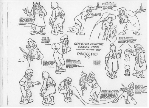 Model sheets for various Pinocchio (1940) characters. No room for Honest John and Gideon (they&rsquo