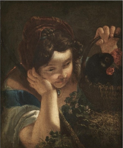 Francesco Fontebasso  (1707-1769)A young girl holding a cockerel in a basket