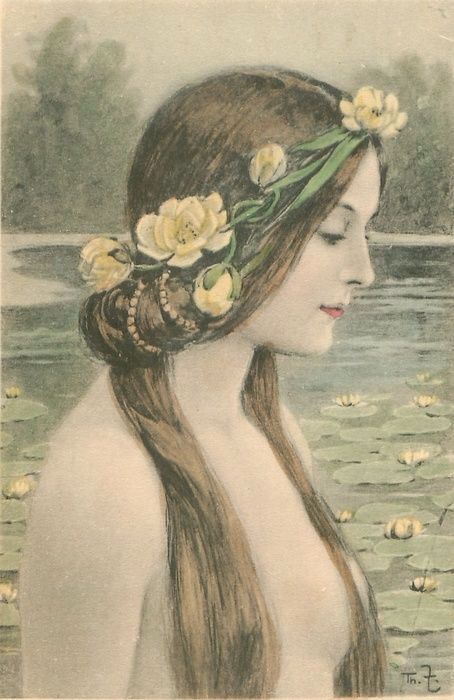 Hand-colored postcard, French, 1904. Depicts the profile (facing right) of a woman with water lilies
