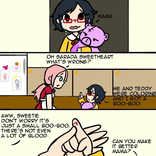 drawwhatiwantwhenwant:  Day 19- BloodSarada has a small cut and Sakura takes care of her. The cuteness ensues.