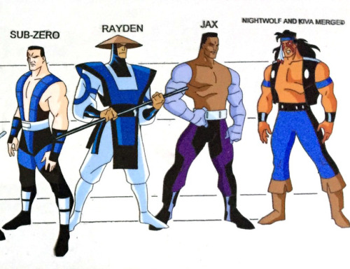 pan-pizza:  Mortal Kombat Character line up I like that Bruce Timm wannabe style. Wish Killer Instinct got a crummy cartoon.