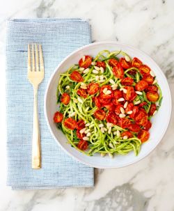 fitnessisfitfor-me:  happyvibes-healthylives:  Zucchini Noodles with Pesto and Roasted Tomatoes   x