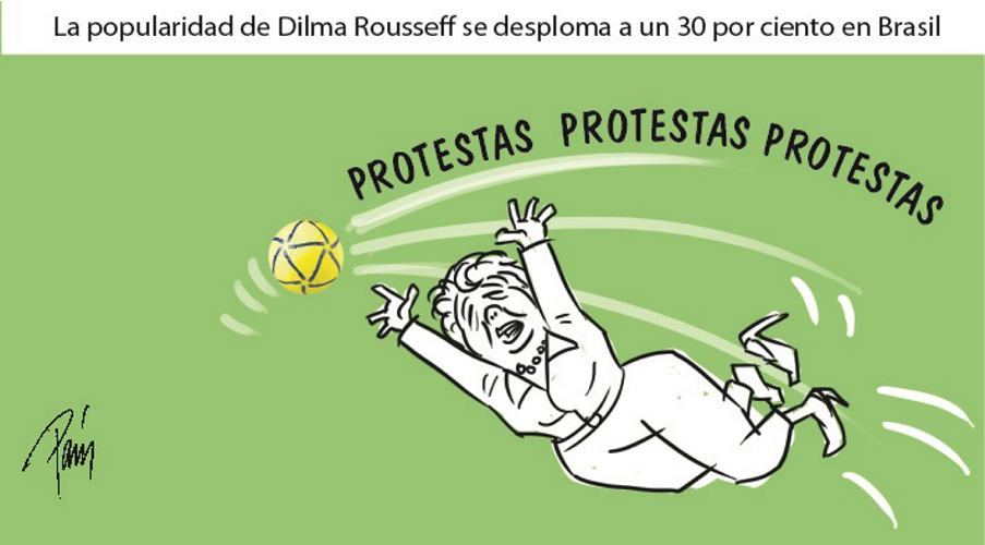 La popularidad de Dilma Rousseff se desploma a un 30 por ciento en Brasil.
Caricatura de Esteban París publicada el 1 de julio de 2013 en EL COLOMBIANO.