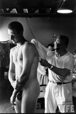 notdbd:  Spring training 1956. A Red Sox player gets some tender loving care in the postgame clubhouse. Photos by George Silk for Life Magazine.   